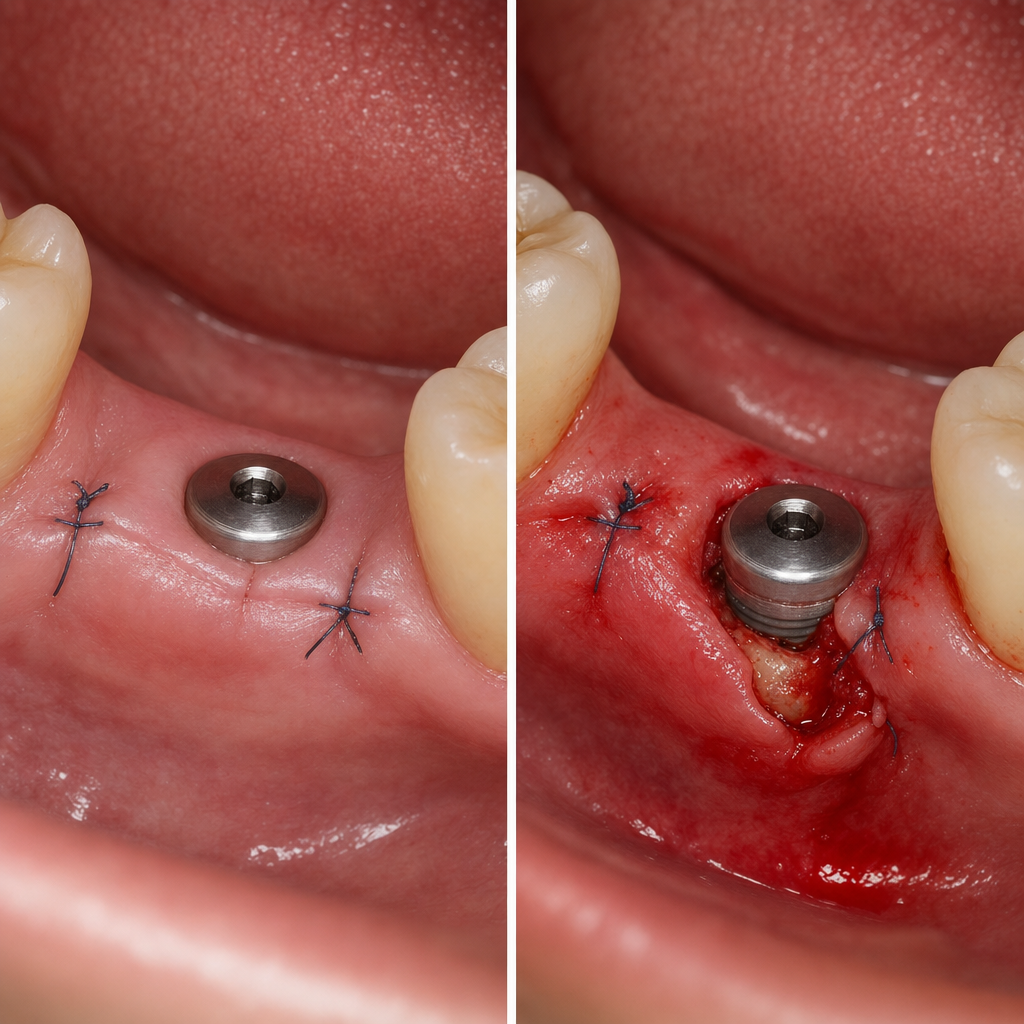 Intraoral comparison: normal vs warning signs at week 1–2 after dental implant placement