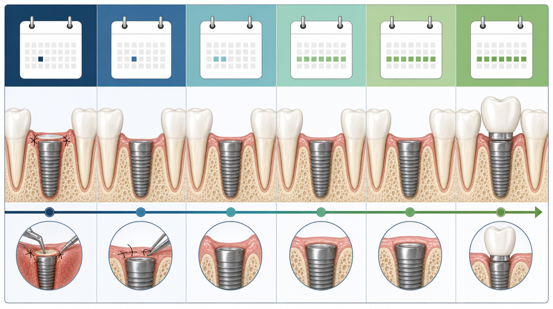 calendar-style timeline graphic showing 24 weeks of healing with key milestones marked: day 0 (surgery), day 7 (suture removal), week 2 (swelling resolved), week 12 (biological integration complete), week 16-24 (permanent restoration)