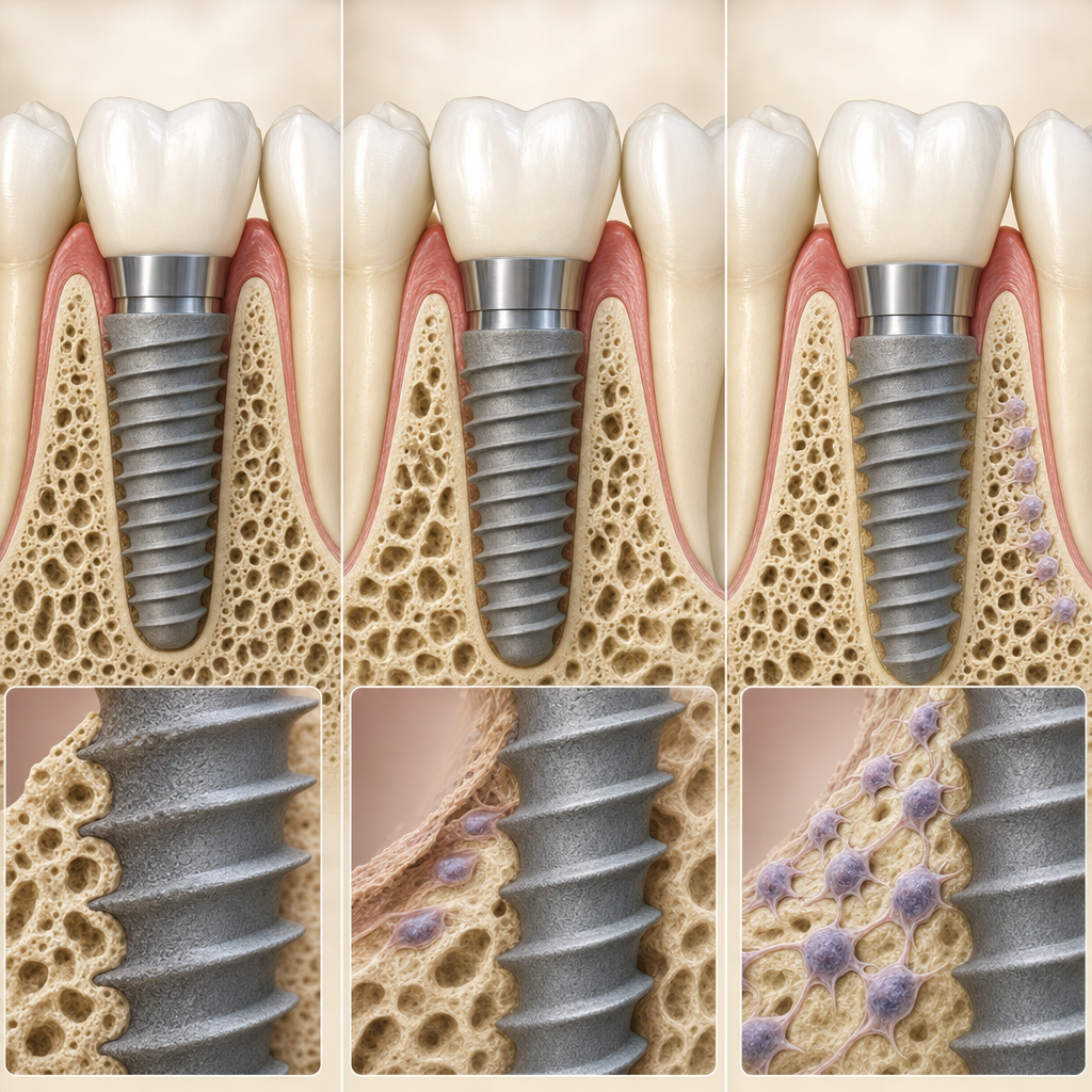three-panel sequence diagram showing the three phases (mechanical fixation at placement, primary stability with stability dip during early bone remodelling, biological integration with osteoblast activity)