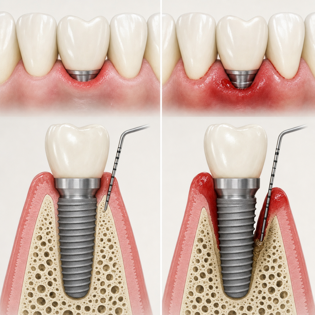 Diagnostisk illustration i två steg: steg 1 periimplantär mukosit (rodnad gingiva, BoP, INGEN benförlust ännu — reversibel) mot steg 2 tidig periimplantit (begynnande benförlust runt implantatets hals, djupare ficka); jämförelse sida vid sida med tydliga kliniska tecken etiketterade.
