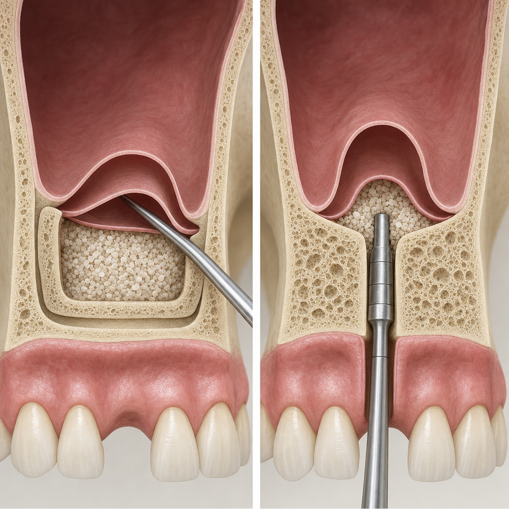 side-by-side comparison illustration: left panel shows the lateral window technique with a small window cut in the lateral maxillary wall, sinus membrane lifted, graft placed; right panel shows the transcrestal Summers technique with an osteotome through the implant site, sinus floor gently pushed upward, graft placed through the same access