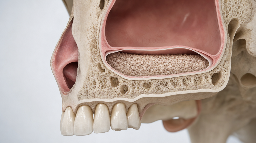 cross-section anatomical illustration of the posterior maxilla showing the maxillary sinus above the alveolar ridge, with the Schneiderian membrane elevated and bone graft material in the created space