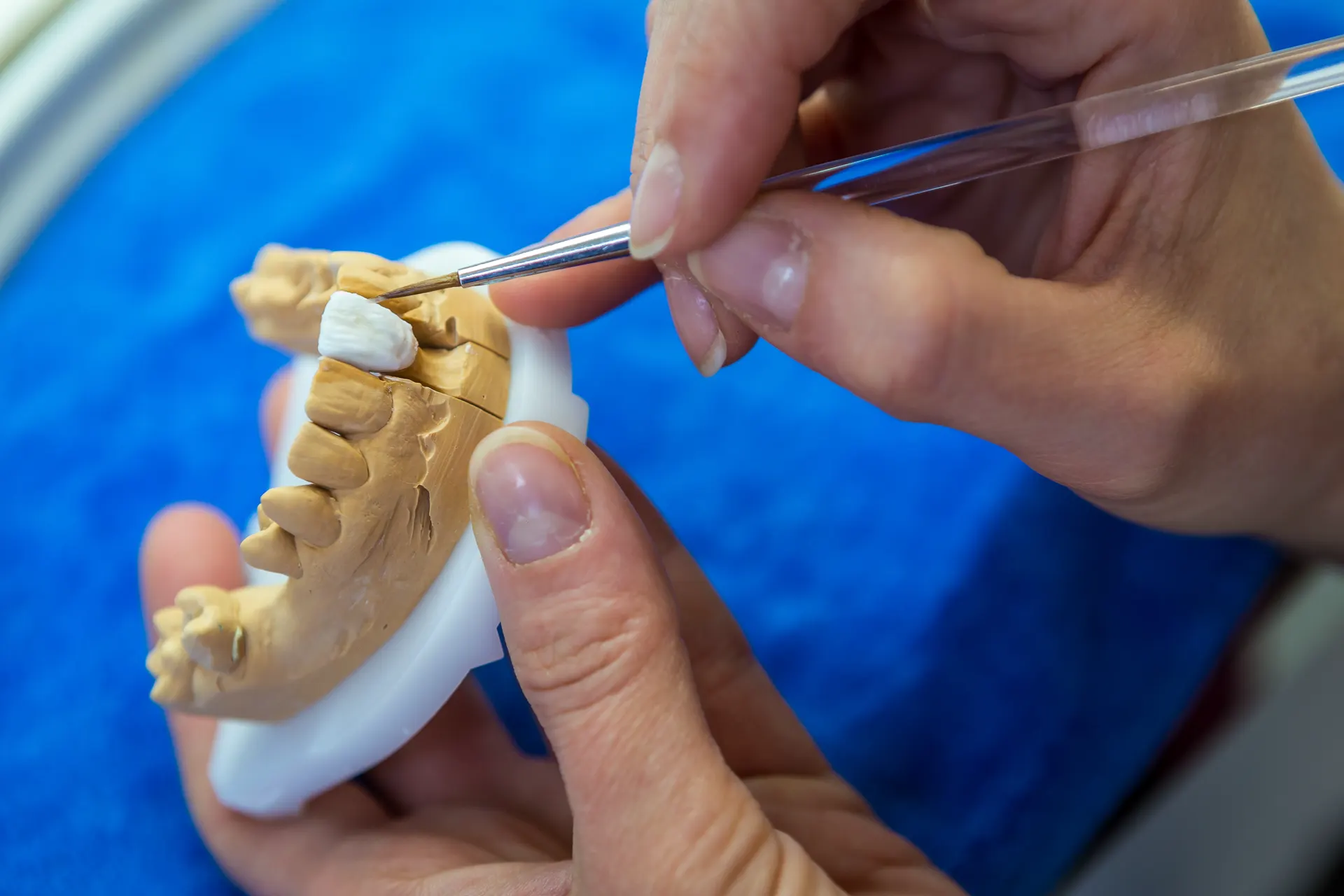 Naturaldent CAD/CAM laboratory ceramist hand-finishing a porcelain restoration
